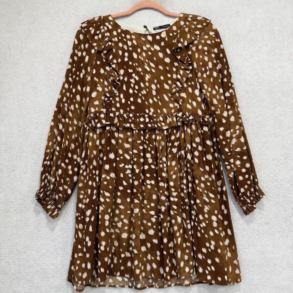 Zara Dress Womens Large Brown Animal Print Ruffle Long Sleeve Trapeze Swing Mini